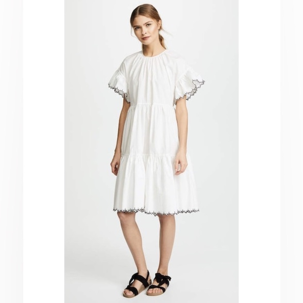 ULLA JOHNSON Rosemarie Embroidered Dress Sz 0 White Tiered Flutter Sleeve Black